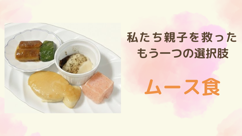 白い皿に盛り付けられた魚の形などのムース食と、その横に『私たち親子を救ったもうひとつの選択肢 ムース食』というやさしいフォントの文字が書かれた、介護食ブログのアイキャッチ画像