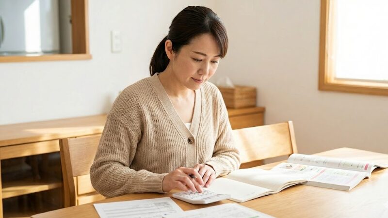 明るい部屋で、電卓と資料を広げて真剣に介護食(ムース食)の栄養計算を行っている管理栄養士の女性。