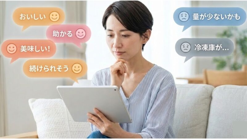 タブレットで介護食の口コミを確認する女性。左側には「おいしい」「助かる」「続けられそう」という良い評価の吹き出しが、右側には「量が少ないかも」「冷凍庫が…」という懸念点の吹き出しが浮かんでおり、メリットとデメリットを比較検討している様子。