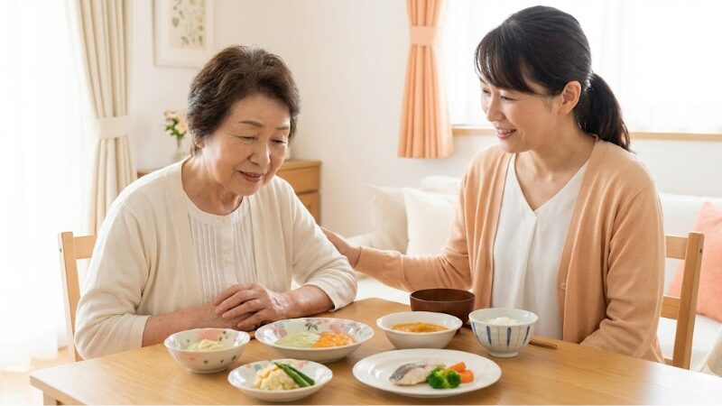 明るい食卓で、彩りの良いムース食(介護食)を前に安心した笑顔を見せる高齢の母と、それを見守る娘。宅配弁当を利用して食事作りの負担が減り、二人ともほっとした表情をしている様子。