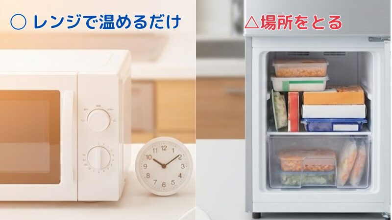 左側に「〇 レンジで温めるだけ」の文字と電子レンジ・時計の画像(メリットの時短)、右側に「△ 場所をとる」の文字と冷凍食品で一杯の冷凍庫の画像(デメリットのスペース問題)を対比させたアイキャッチ画像。