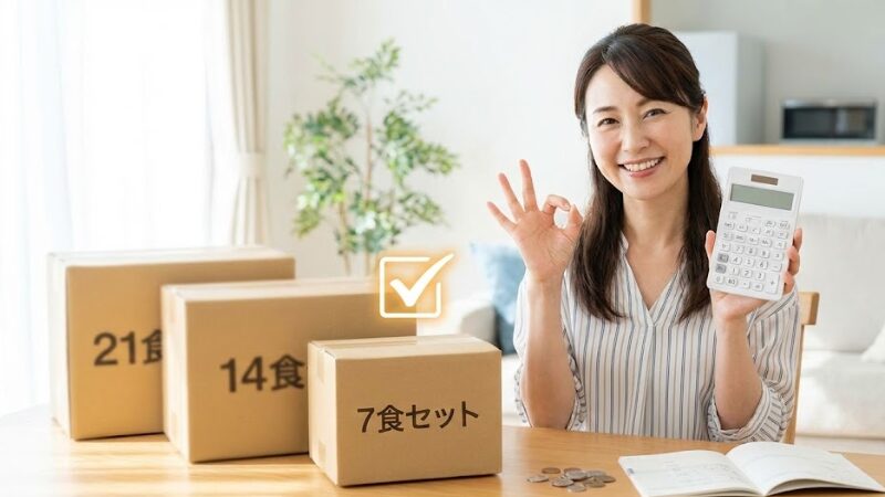 リビングで電卓と家計簿を前に、笑顔でOKサインを出す女性。「21食」「14食」の箱と並んだ「7食セット」の段ボール箱にチェックマークがついており、初めての注文に最適であることを示している。