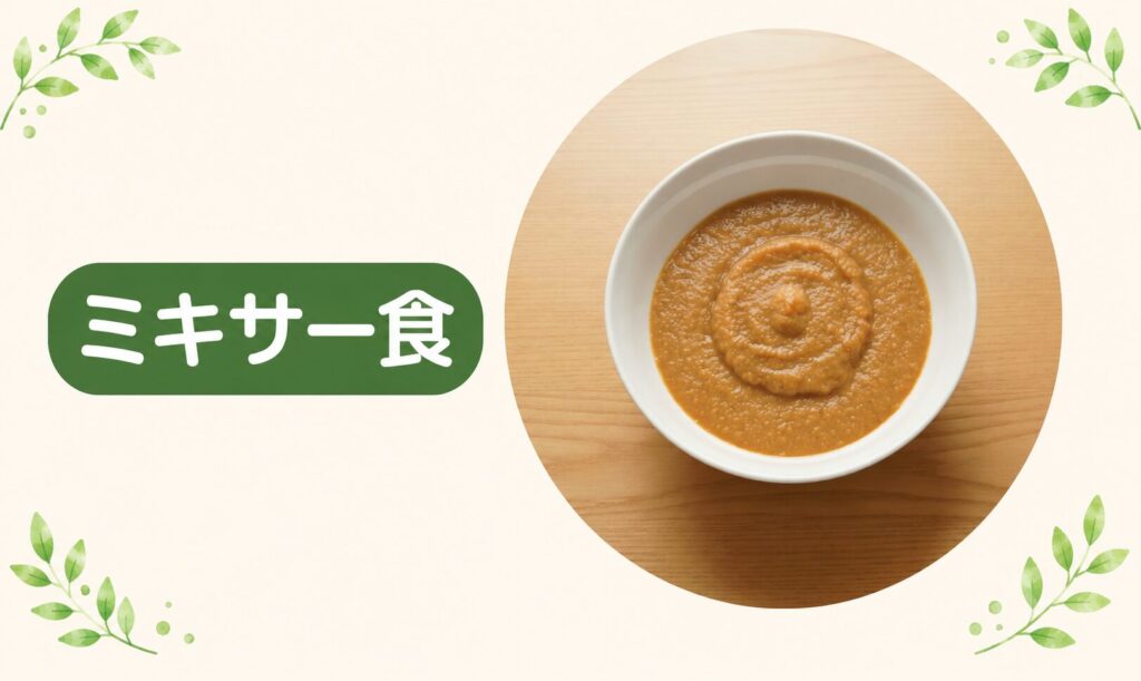 「ミキサー食」というラベルとともに、食材を完全にすりつぶして滑らかなペースト状にした実物写真を配置し、食事形態の特徴を解説する画像。