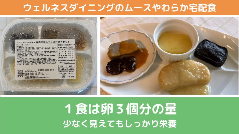 ウェルネスダイニングのムースやわらか宅配食の内容量を紹介する画像。1食は卵3個分の量で、少なく見えてもしっかり栄養がとれることを示す。
