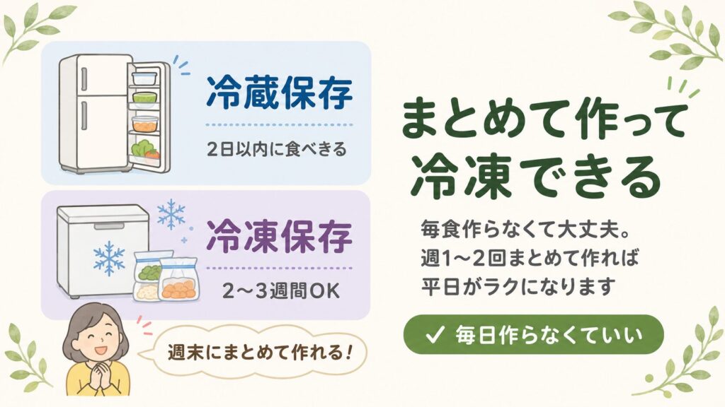「まとめて作って冷凍できる」という見出しとともに、冷蔵保存（2日以内）と冷凍保存（2〜3週間）の目安をイラストで比較し、週末にまとめて作ることで平日の介護食作りをラクにできると説明する解説画像。