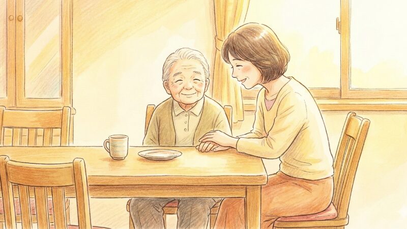 温かい光に包まれた食卓で、穏やかに微笑む高齢の母親と、その手に手を添えて寄り添う娘のイラスト。ムース食がもたらす安心と、家族の穏やかな団らんの時間を表現しています。