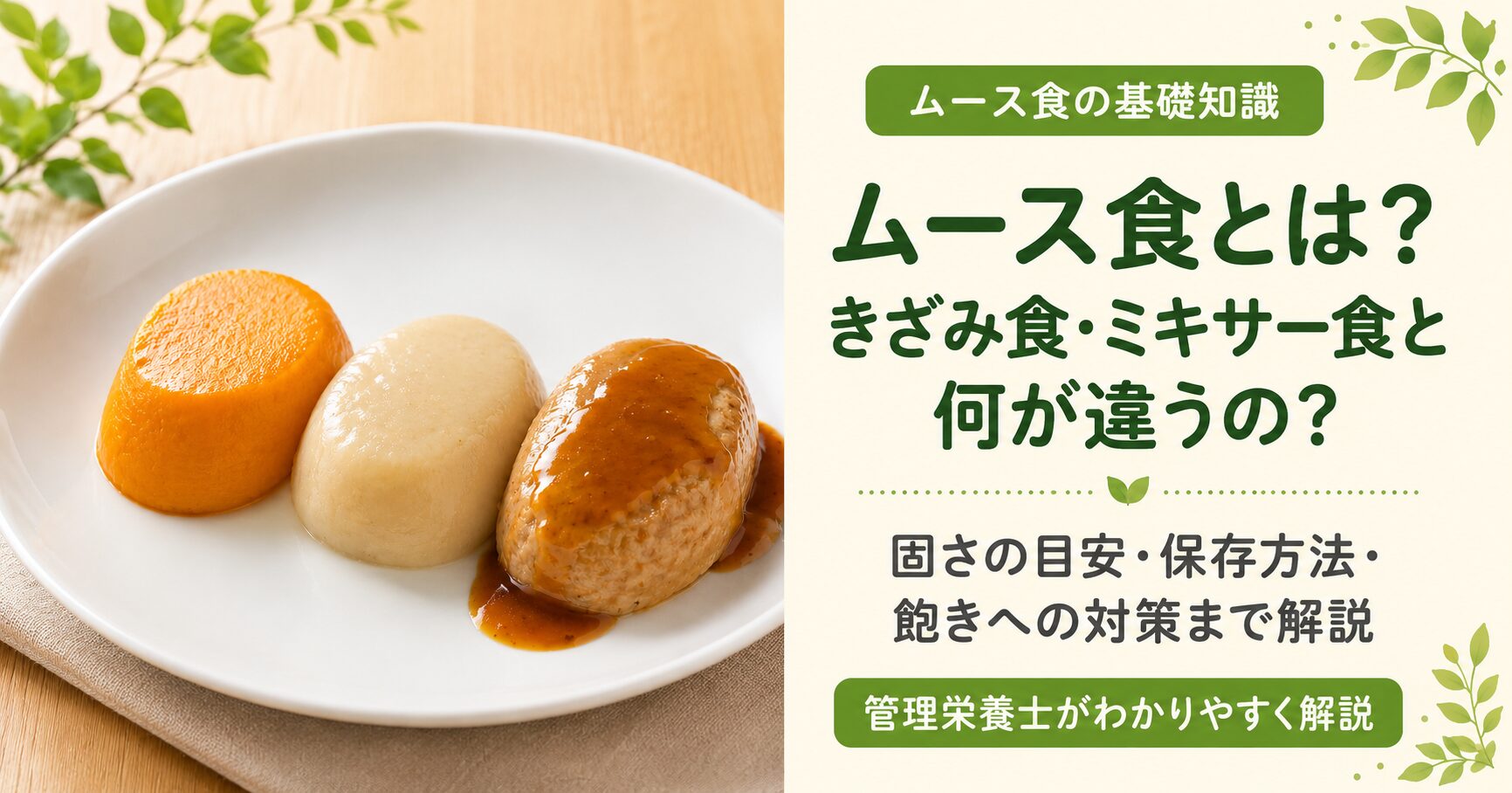 「ムース食とは？ きざみ食・ミキサー食と何が違うの？」という見出しとともに、お皿に綺麗に盛り付けられたハンバーグ風のムース食の写真を配置し、固さの目安や保存方法を解説する記事のアイキャッチ画像。