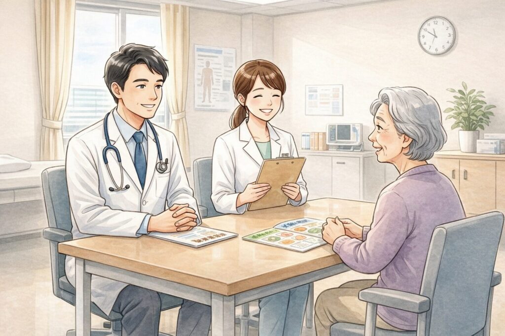 病院で医師と管理栄養士が高齢女性に食事や栄養について相談に乗っているイラスト