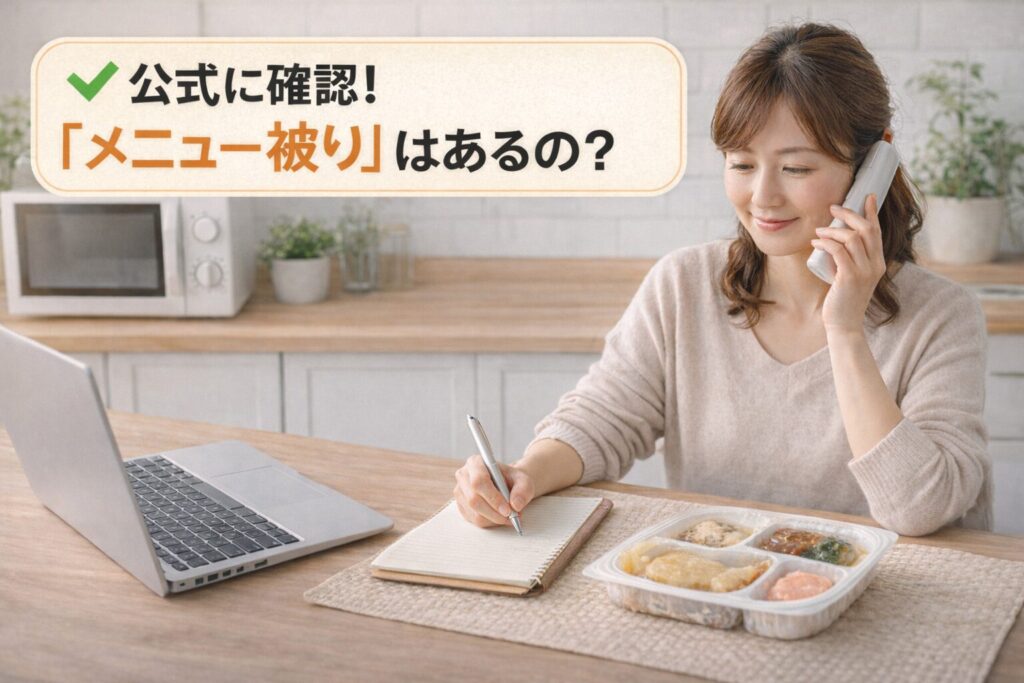 ウェルネスダイニングに電話で「メニュー被り」があるか公式確認している様子のアイキャッチ画像