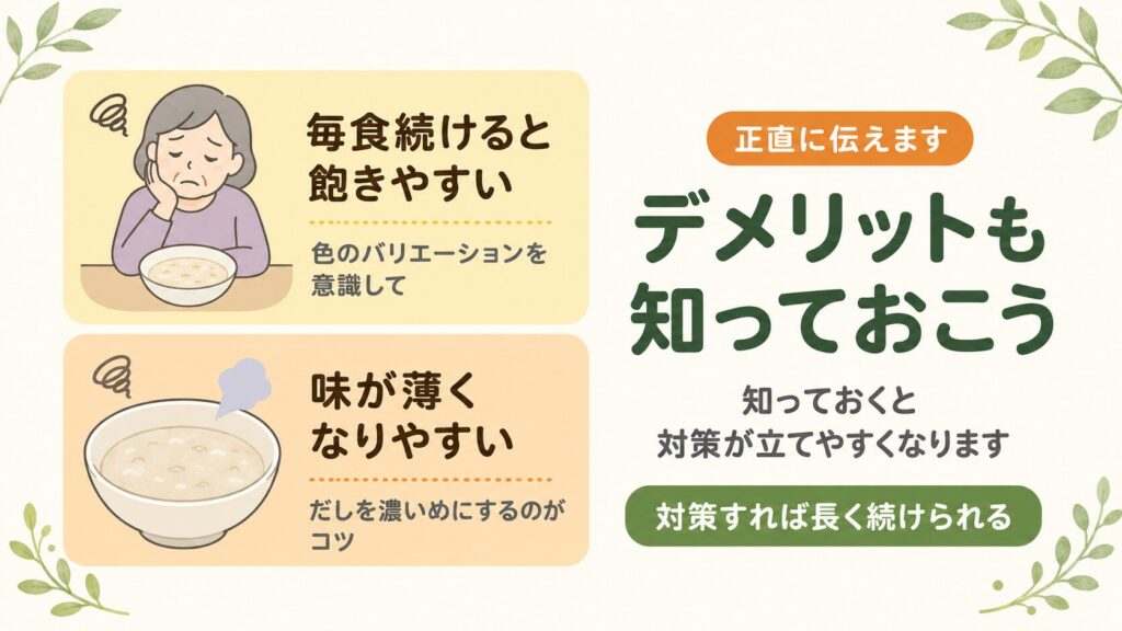 「正直に伝えます デメリットも知っておこう」という見出しとともに、「毎食続けると飽きやすい（色のバリエーションを意識）」「味が薄くなりやすい（だしを濃いめにする）」という2つのデメリットと対策を解説する画像。