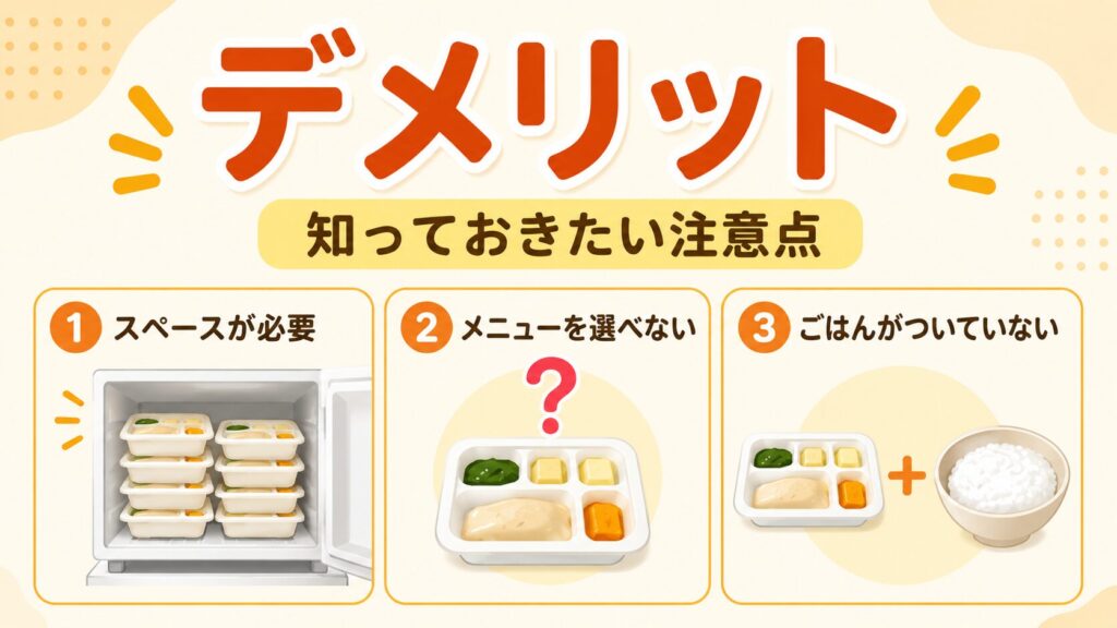 宅配ムース食のデメリットと注意点：1.冷凍庫のスペースが必要、2.メニューを選べない、3.ごはんがついていない、の3つのポイントを解説。
