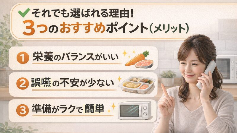 ウェルネスダイニングのムースやわらか宅配食が選ばれる3つのメリット（栄養バランス・誤嚥の不安が少ない・準備が簡単）を紹介するアイキャッチ画像