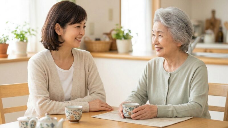 明るい光が差し込む木目調のダイニングキッチンで、食卓を挟んで座る二人の日本人女性。左側にはボブヘアでアイボリーのカーディガンを着た若い女性が、右側には白髪で薄い緑色のカーディガンを着た高齢の女性がおり、二人とも湯呑みを手に持ち、笑顔で互いを見つめ合っている。テーブルには和柄の茶器セットと急須が置かれ、温かく和やかな雰囲気が漂っている。