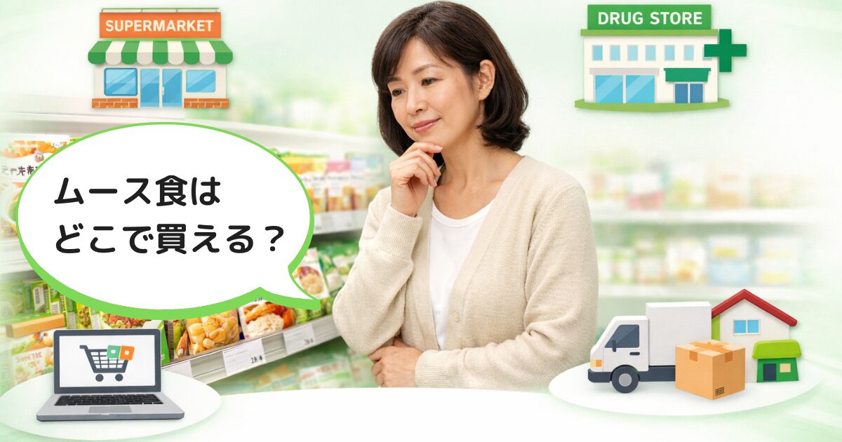 「ムース食はどこで買える？」と書かれた吹き出しと共に、スーパーマーケット、ドラッグストア、ノートパソコン、配達トラック、住宅、ダンボール箱のアイコンを背景に、ムース食を探すように棚を見つめる女性のイラスト。