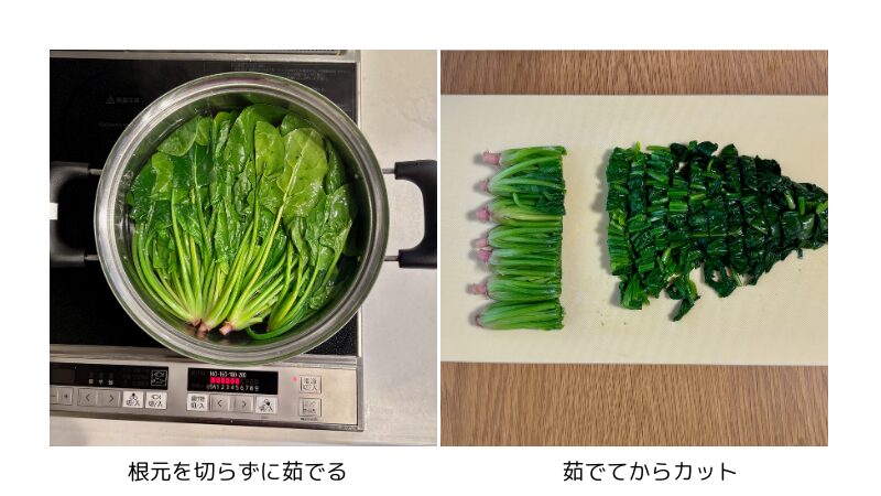 ２つの画像があります。
一つは大きなお鍋でほうれん草を丸ごと茹でている画層。
もう一つはほうれん草をカットしている画像です。ムース食に使う部分をわかりやすく説明しています。
