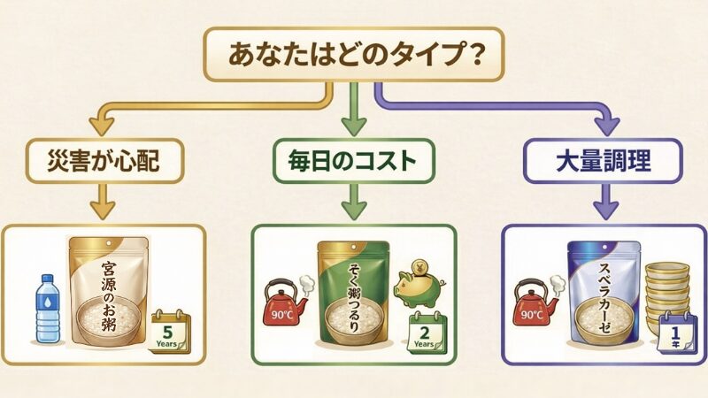 お粥ゼリーの素を目的別に選べるフローチャート画像。「あなたはどのタイプ？」という見出しの下に、「災害が心配」「毎日のコスト」「大量調理」の3つの分岐があり、それぞれ宮源のお粥（5年保存・水OK）、そく粥つるり（90℃・2年保存）、スベラカーゼ（90℃・1年保存・大量向き）のイラストが表示されている。