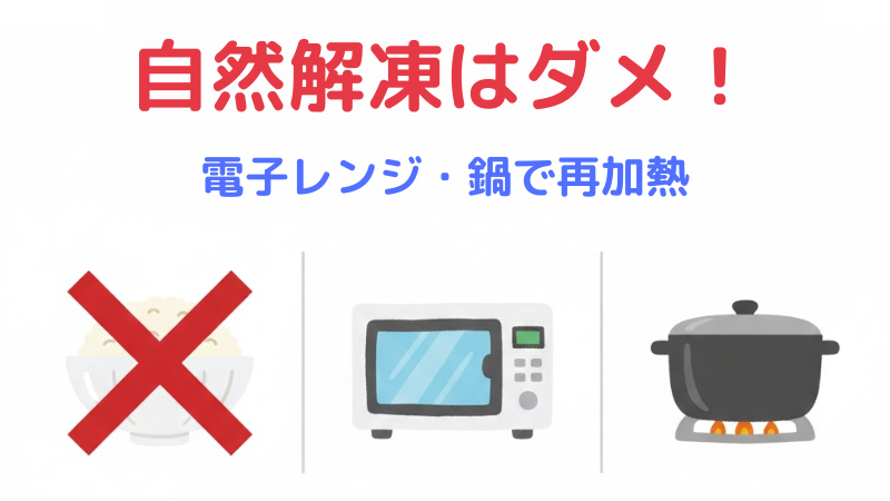 介護食の解凍ルール。自然解凍はNG。電子レンジや鍋を使って、必ず再加熱して解凍することを説明するイラスト図解。