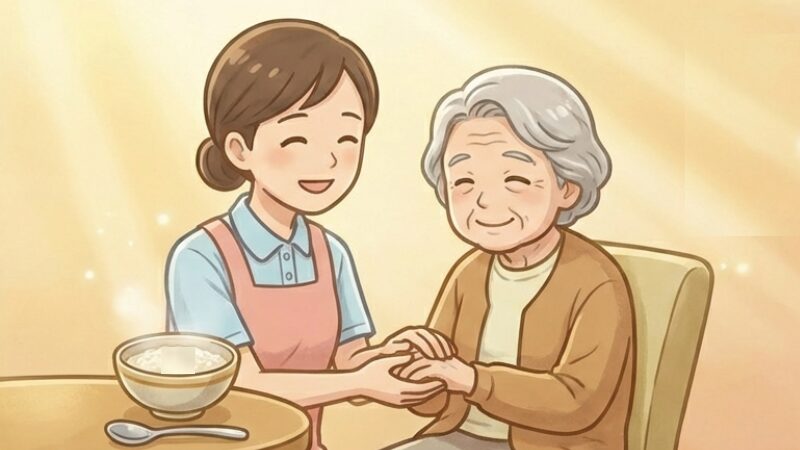 温かな光の中で、笑顔の女性が座っている高齢者の手に優しく触れながら、一緒にお粥を囲んでいるイラスト。在宅介護における穏やかな食事の時間と、心の交流をイメージしている。