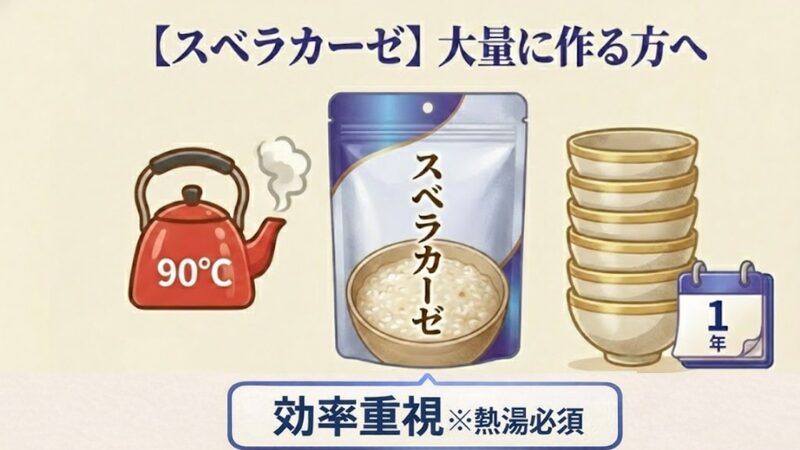 スベラカーゼのお粥ゼリーの素を紹介するイラスト画像。赤いやかんに「90℃」の表示、スベラカーゼのパッケージ、積み重なった茶碗、保存期間「1年」のアイコンがあり、下部に「効率重視 ※熱湯必須」と記載されている。