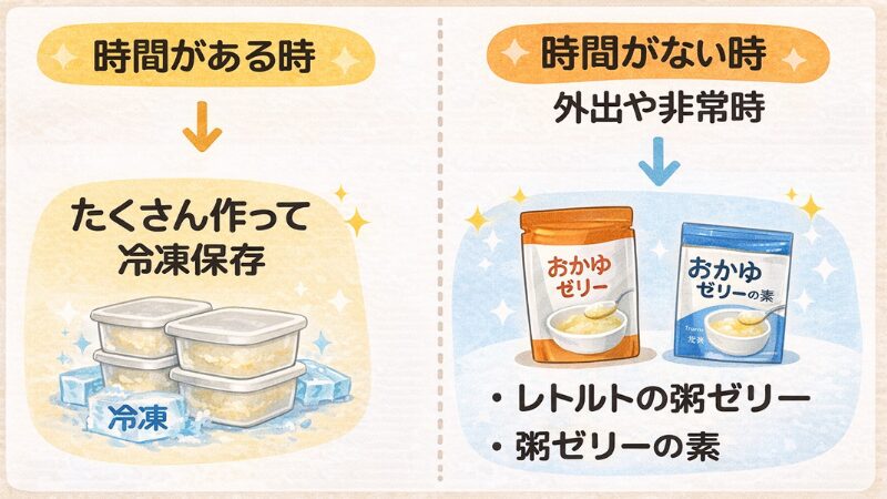 時間がある時は粥ゼリーを多めに作って冷凍保存し、時間がない時や外出・非常時にはレトルトの粥ゼリーや粥ゼリーの素を使い分ける方法を示した図