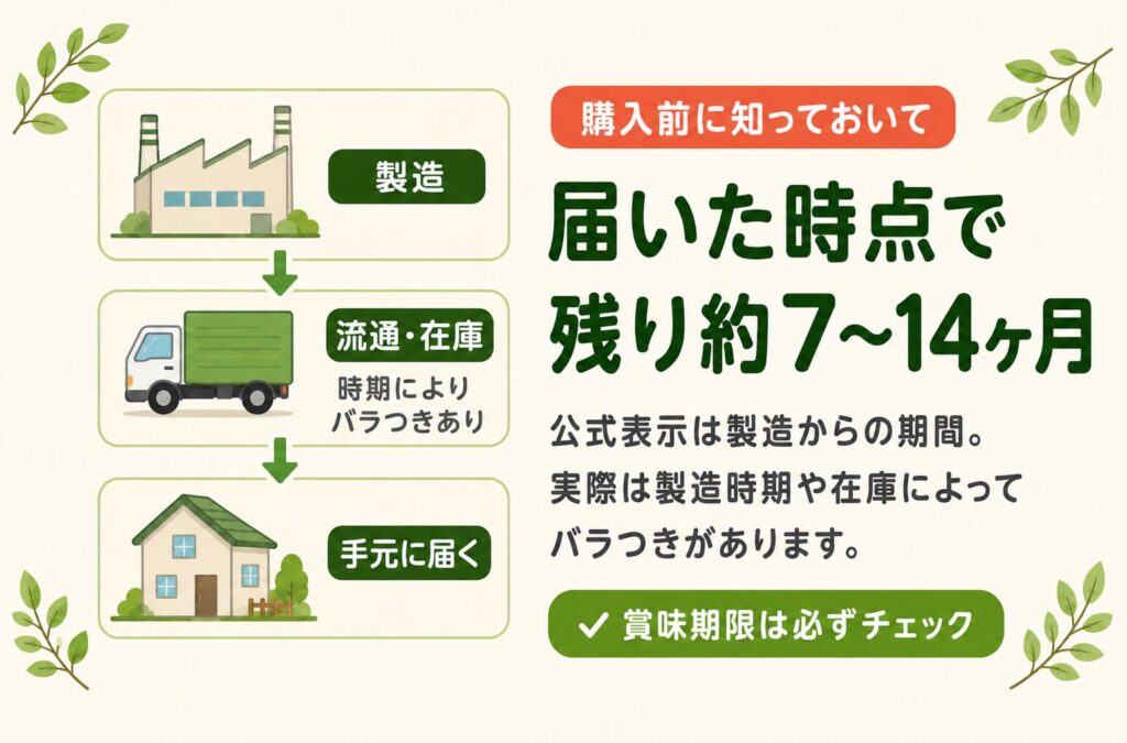「購入前に知っておいて 届いた時点で残り約7〜14ヶ月」という見出しとともに、製造から手元に届くまでの流れをイラストで示し、賞味期限のバラつきへの注意を促すアイキャッチ画像。
