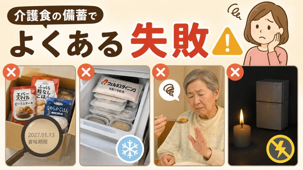 介護食の備蓄でよくある4つの失敗例をまとめた画像。「賞味期限切れ」「冷凍庫の容量不足」「本人の口に合わない」「停電で冷凍品が使えない」というリスクを、イラストと写真で解説している。