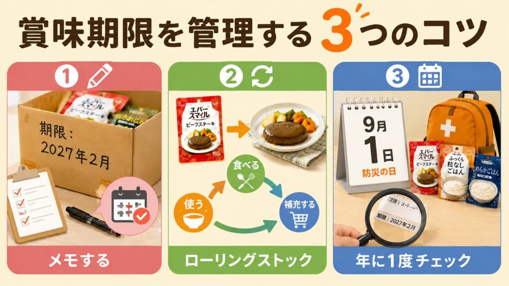 介護食の賞味期限を管理する3つのコツを解説した画像。1.「メモする(段ボールに期限を明記)」、2.「ローリングストック(食べる・補充するの循環)」、3.「年に1度チェック(防災の日などに見直し)」という具体的な対策をイラストで紹介している。