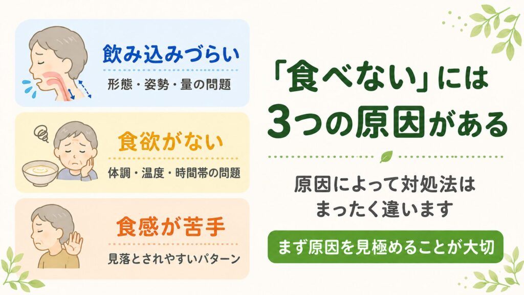 「食べてくれないとき 原因別に試したい対処法」という見出しとともに、困った表情の高齢女性に優しく食事を介助する女性のイラストを配置し、飲み込みにくさや食欲低下など原因に合わせた対処法を説明する解説画像。