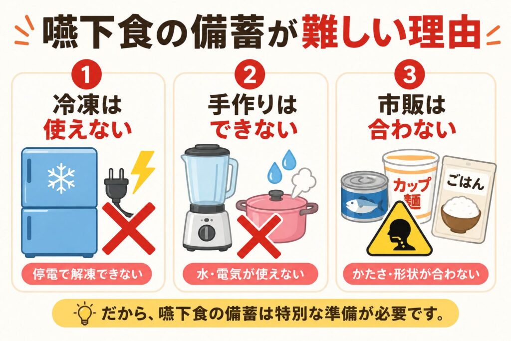 嚥下食の備蓄が難しい理由を解説した図。停電で冷凍食品が使えない、水や電気がなく手作りできない、市販食品はかたさや形状が合わず飲み込みにくいという3つの問題点をイラスト付きで示している。
