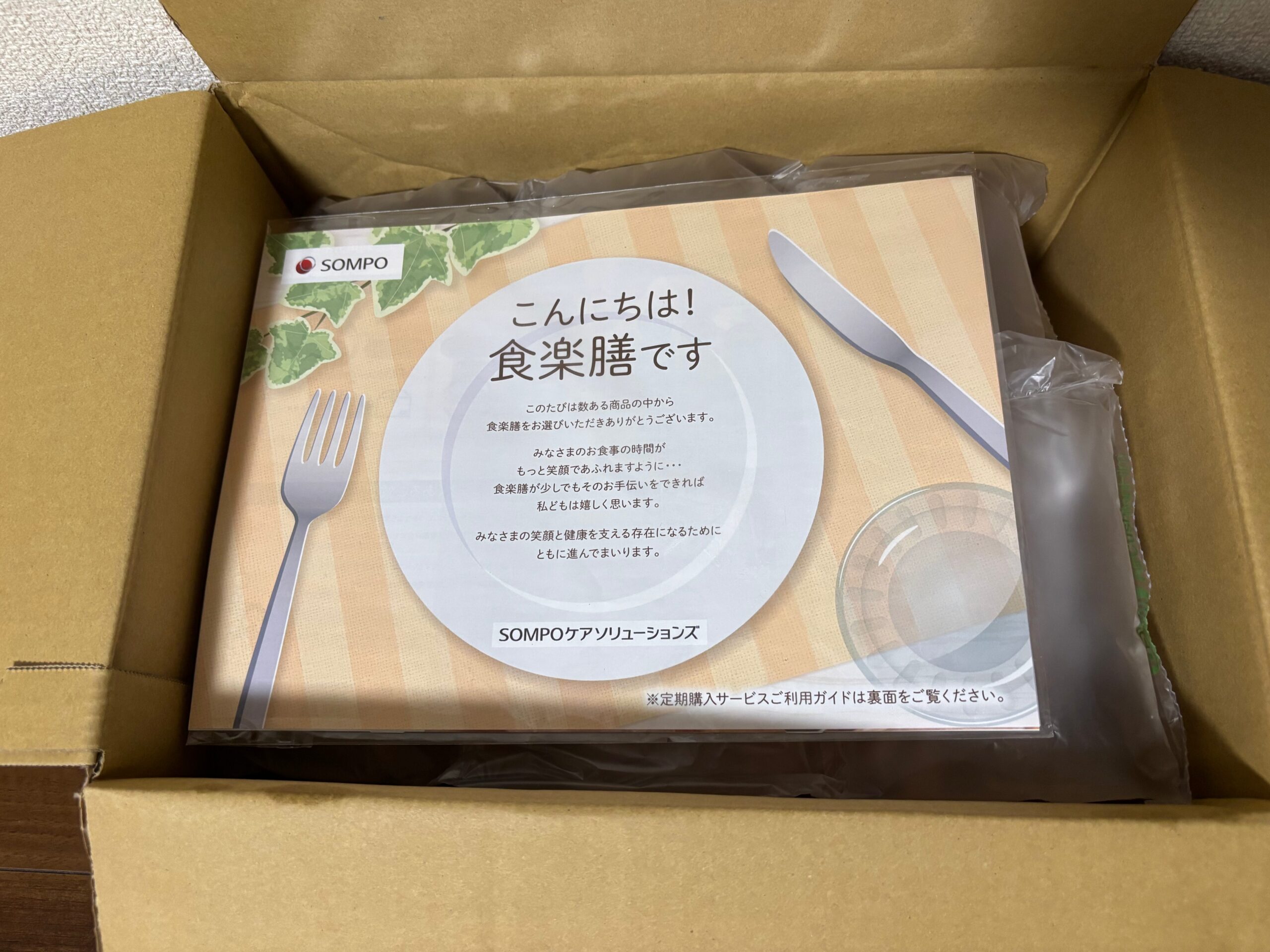 食楽膳の段ボールを開けた直後。商品の上にパンフレットが入っている