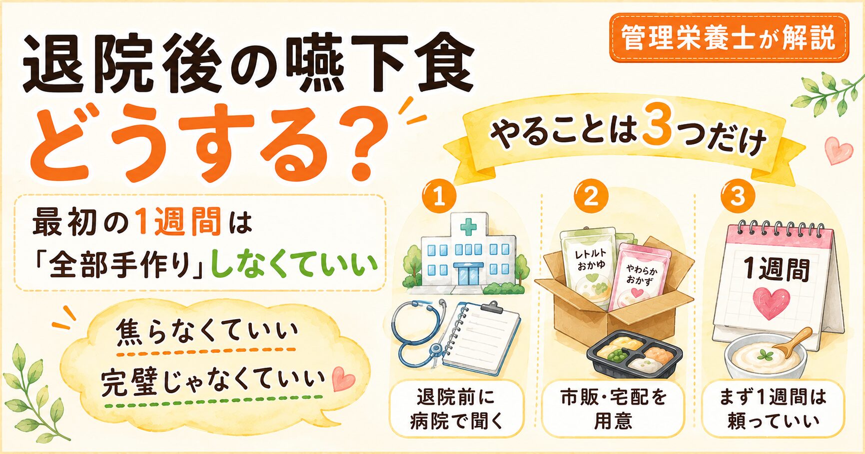 退院後の嚥下食どうする？最初の1週間は全部手作りしなくていい、焦らなくていい完璧じゃなくていいと伝える画像。やることは①退院前に病院で聞く、②市販・宅配を用意、③まず1週間は頼っていい、の3つであることを管理栄養士が解説