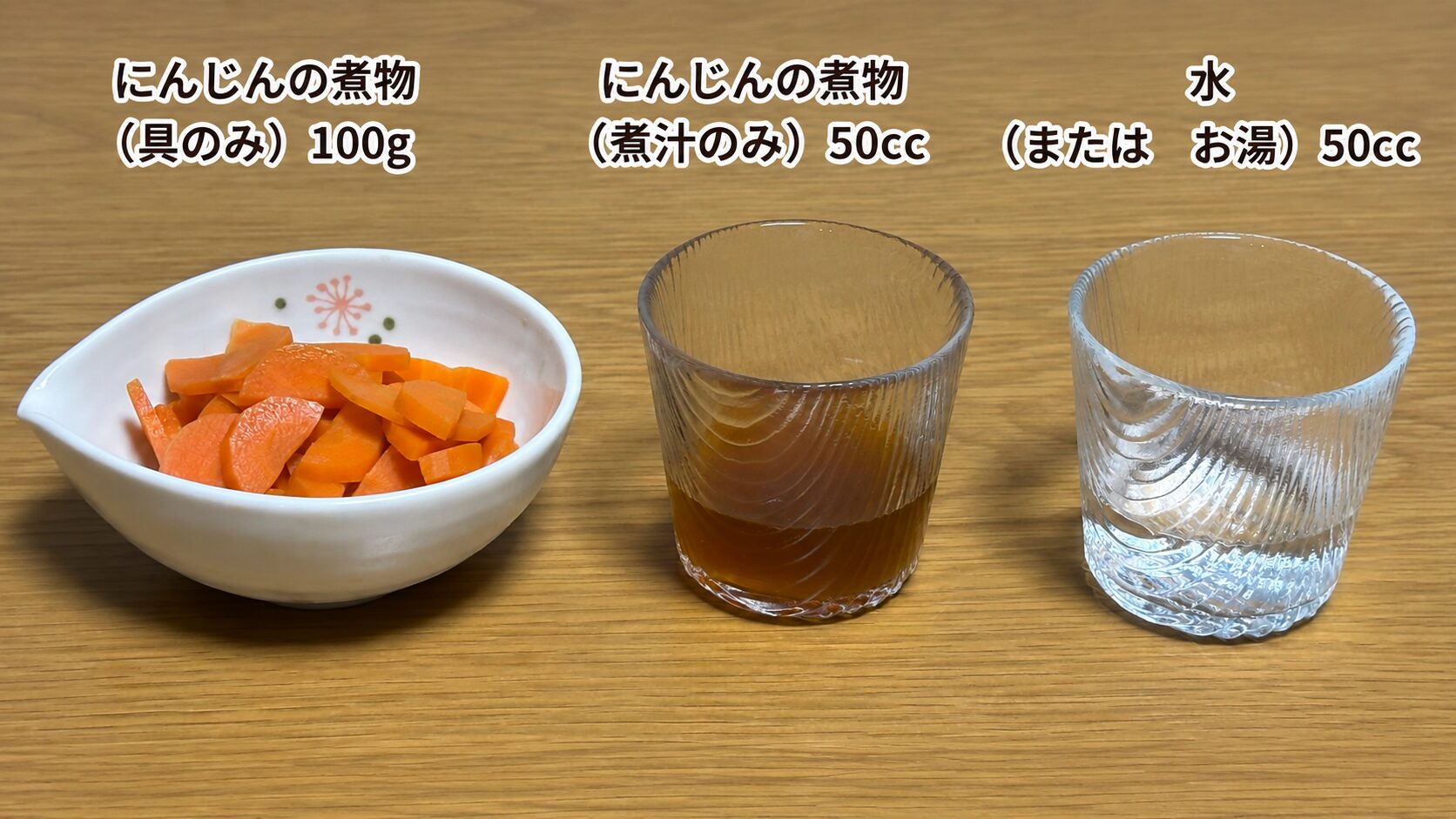 にんじんの煮物の具100gと、煮汁50cc、水50ccをそれぞれ器に分けて並べたところ