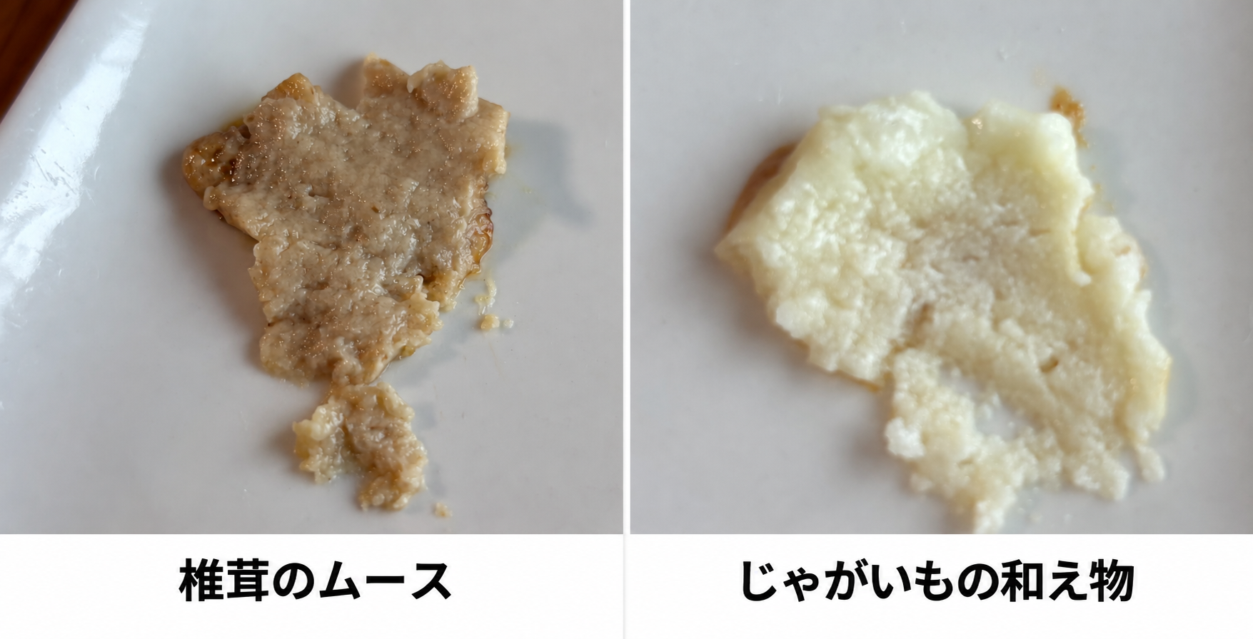 メディカルフードサービスの椎茸の煮物とじゃがいもの和え物をスプーンで潰して比べた写真