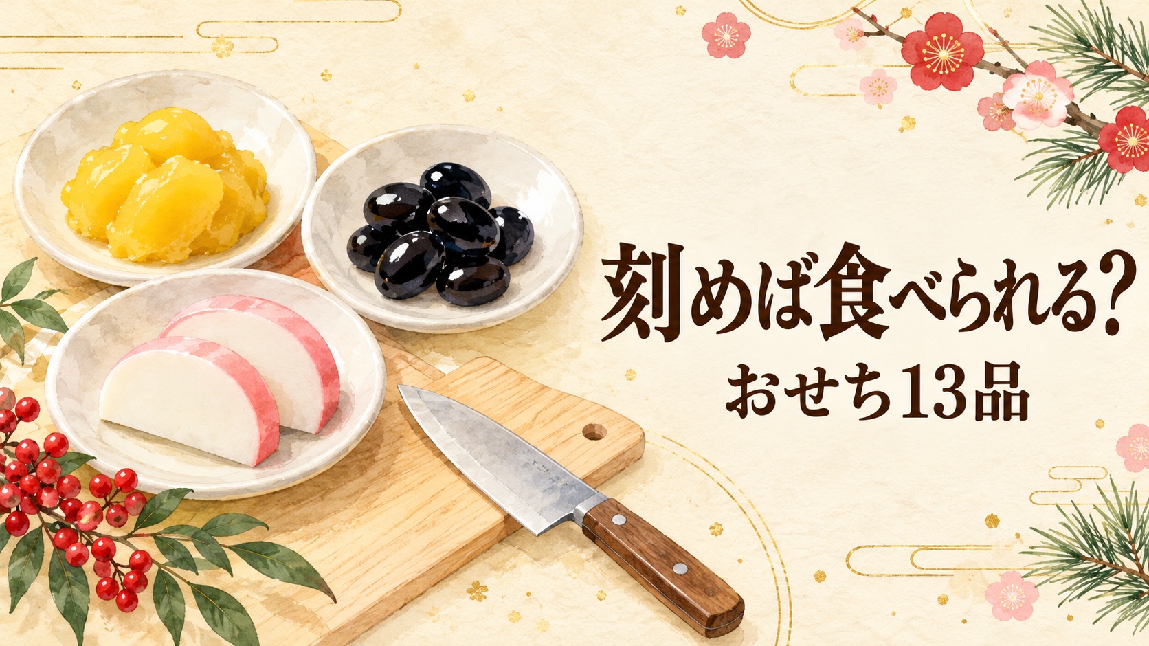 栗きんとん・黒豆・かまぼこを並べたイラスト。文字は「刻めば食べられる？ おせち13品」