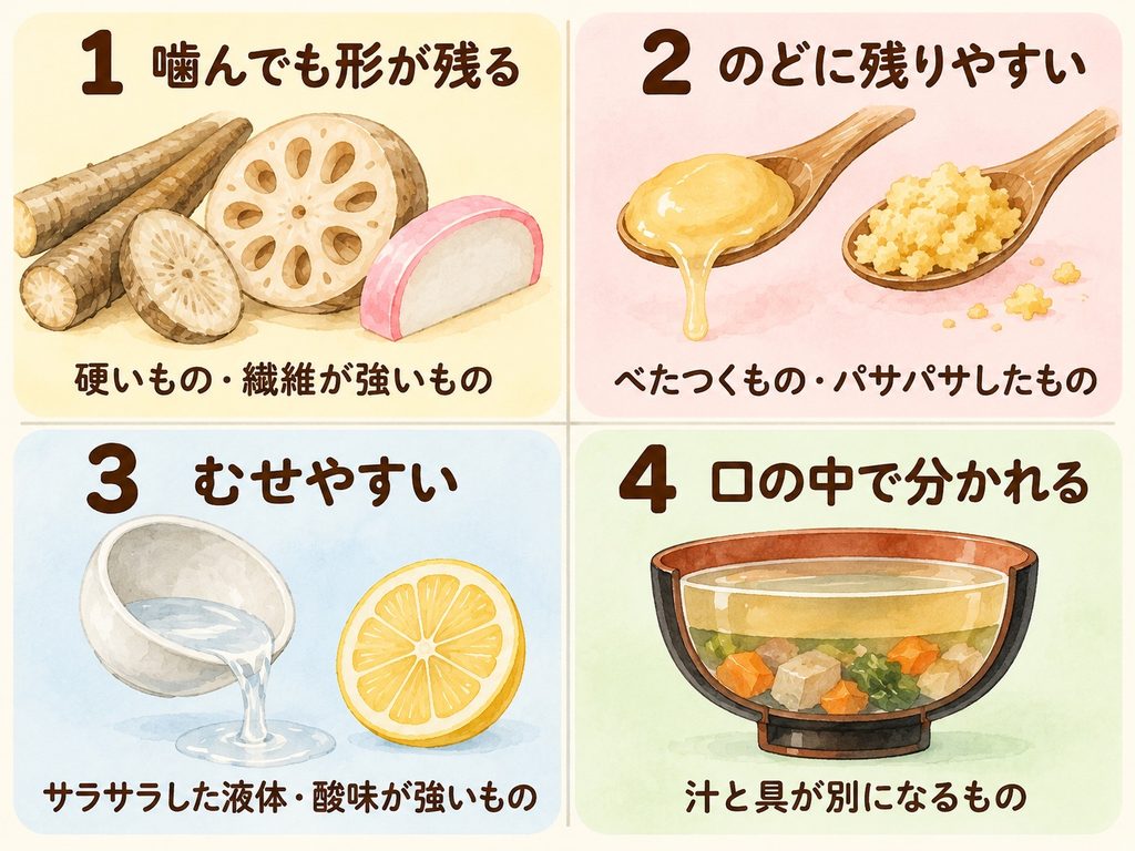 飲み込みにくい4つの理由の図解。噛んでも形が残る、のどに残りやすい、むせやすい、口の中で分かれる